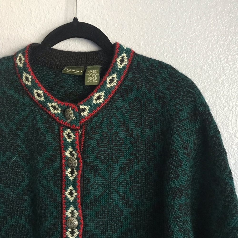 L.L. Bean Green Fair Isle Wool Cardigan with Red and Cream Trim